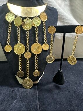 NOS/ Vtg Matte Gold Alexander The Great Coin Necklace & Earring Set
